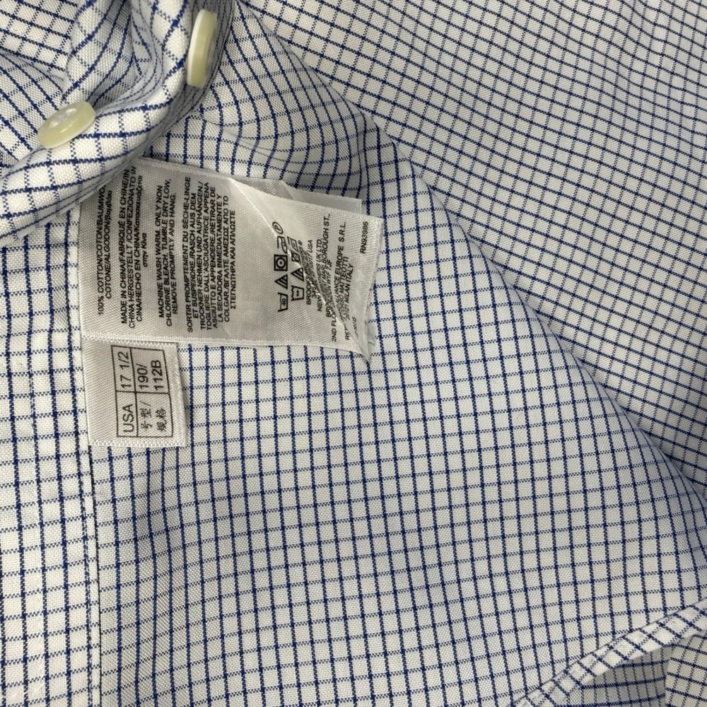 Brooks Brothers 346 Mens 17.5 6/7 Blue White Check Non-Iron Cotton Dress Shirt - Picture 13 of 13